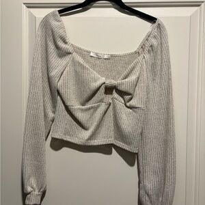 Lush Cream Ribbed Crop Blouse with Tie Front